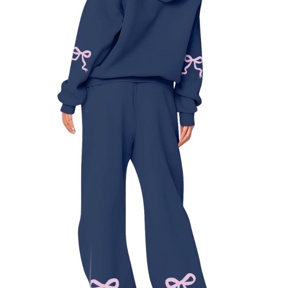 NWT Navy Blue Zip Up Hoodie and Sweatpants Set with Pink Bow Accents